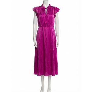 NEW AMANDA UPRICHARD ruffle neck silk midi dress in fuchsia